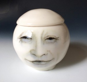 White moon Sugar Bowl, Candle Holder or trinket pot, collectable moon jar with Hand Drawn Faces of the Moon