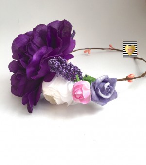 The “Lana” Headband – Deep Purple Floral Crown Stretch Headband Flower Satin Ties or Elastic Ties