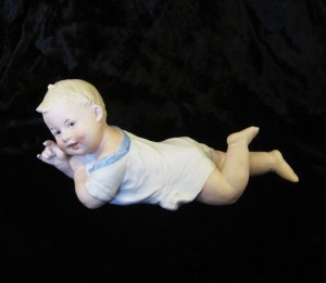 Rare Gebrüder Heubach Piano Baby, 9″ Long Bisque Porcelain Baby Boy