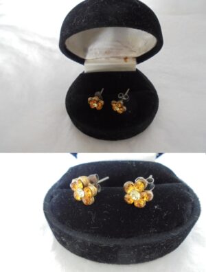 FLOWER stud EARRINGS with SWAROVSKI crystals white and yellow color In gift box