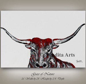 Animal bull painting, original painting on canvas, animal painting, grey, black & red bull home decor modern wall art bull head, bull horns