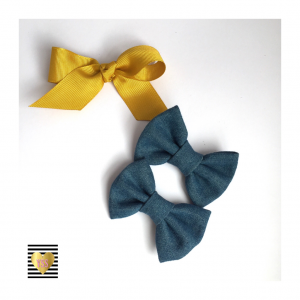 Gold Bow or Chambray Denim Pair Set Hairbows Pigtails Clip Headband