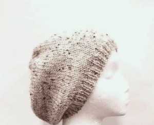 Beanie hand knitted tan with dark flecks