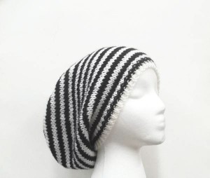 Black and white striped slouchy beanie hat handmade