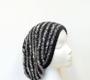 Slouch hat hand knitted hat black, gray and white stripes