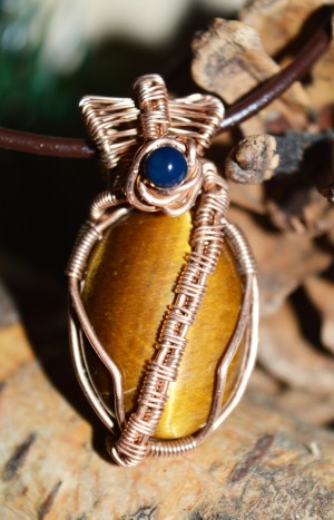 Royal Jewel Necklace, Tiger-eye and Blue Agate wrapped in pure Bronze, exclusive jewelry, healing crystal, fashionable pendant