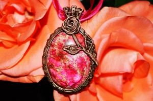 Antique Rose Necklace, Pink Ocean Jasper in Oxidized Copper, Valentine’s Gift, Vintage Jewelry