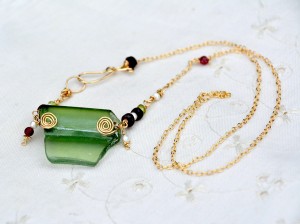 Roman Glass Gold Filled Necklace. Green Roman Glass Pendant Necklace.