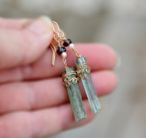 Two Tone Roman Glass Earrings in Gold Filled with Garnets and Pearls.