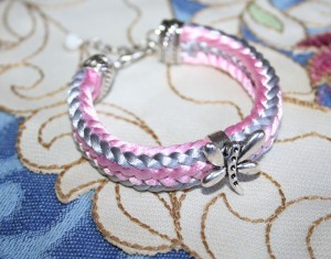 Braided bracelet. Rattail satin cord with metal dragonfly. Pink and Grey. Handmade.