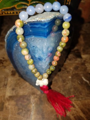 Energy Healing Semi Precious Green Unakite Crystal and Blue Aventurine – Good Luck Elephant charm-Crystal Stone Beads Mala Buddhist Bracelet