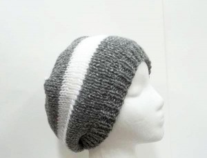 Gray and white stripes beanie hat handmade