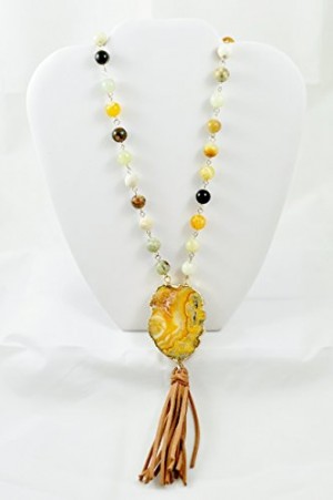 Lace Agate Pendant With Leather Tassel On Jasper Beaded Chain