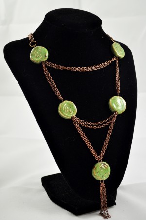 Layered Bib Necklace Made Copp from Copper Tone Chain And Cedar Tone Ceramic Beads