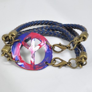 Hand-painted Peace Sign Bracelet with Braided Leather
