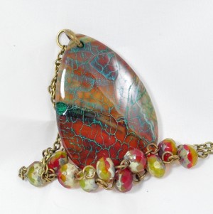 Dragons Vein Fire Agate Pendant Necklace Accented With Czech Glass Beads