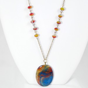 Dragons Vein Fire Agate Oval Pendant Necklace in Beautiful Blues, Reds and Rich Neutrals