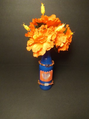 Upcycled Beer Bottle Vase, Blue Bottle Vase, Glossy Blue Vase, Hippie Glass Vase, Beaded Glass Bottle Vase