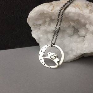 Angel Bunny Over The Moon Pendant, Spirit Animal Jewelry, Whimsical Flying Rabbit, 24″ Oxidized Chain Necklace, Celestial Moon Jewelry Gift