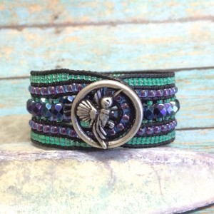 Hummingbird Cuff Bracelet, Beaded Leather Bracelet, Purple and Green Cuff, Bird Jewelry, Beaded Cuff, Purple Bracelet, Hummingbird Jewelry