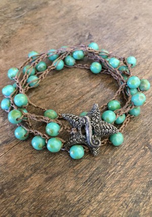 Starfish Crochet Bracelet Multi Wrap, Surfer Girl, Waters Edge, Turquoise Crocheted Jewelry