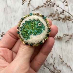 Handmade embroidered pin Chameleon