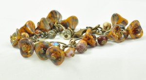 Beaded Czech Glass Flower Charm Bracelet on Fancy Brass Tone Links