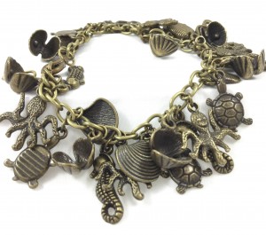 Beach Themed Charm Bracelet in Brass Tones Octopus, Shell, Turtle, Seahorse