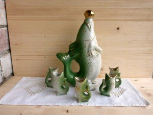 VINTAGE Soviet Fish Decanter with 5 small fish shot glasses, USSR Porcelain Set