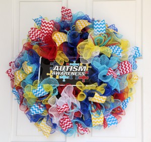 Autism Awareness Puzzle Wreath – Red Blue Yellow Black Ruffle Deco Mesh Wreath – Autism Ribbon License Plate – School Teacher Gift