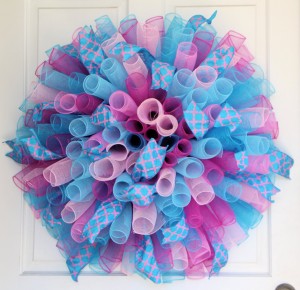 XL Spring Easter Wreath – Blue Pink Curly Spiral Deco Mesh Wreath – Summer – Birthday Party – Baby Shower Nursery – Cotton Candy – Gift