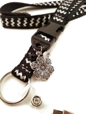 Black & Silver Chevron Lanyard with Charms