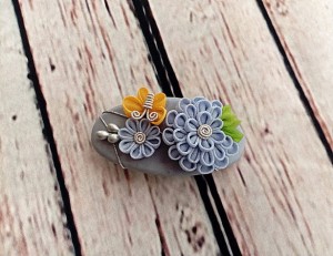 Blue Chrysanthemum Yellow Butterfly French Barrette Kanzashi Inspired Hair Clip, Medium Thick Hair, 70mm Barrette, Personalized Hair Clip