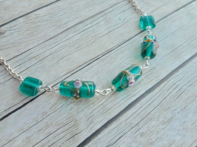 Green-blue-lampwork-beaded-chained-necklace-handmade-ladies-jewelry-homemade-stylish-jewelery-elegant-fashion-jewellery-Etsy-shop-shops-shopping