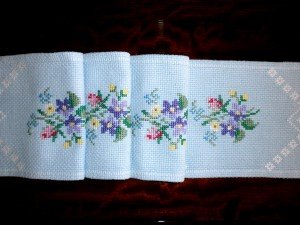 Vintage cross stitched Tablecloth, Scandinavian floral embroidered Table Topper, blue table runner