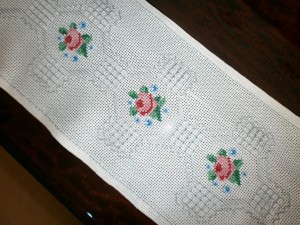 Vintage embroidered floral Tablecloth, Scandinavian cross stitched Table runner, white cotton centerpiece