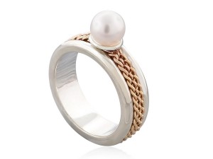 Unique Engagement ring – sterling silver and weaved 14k gold ring with akoya pearl