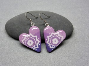 Purple heart earrings, mandala earrings, dangle hearts earrings, polymer clay jewelry