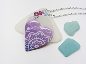 Purple heart necklace, mandala necklace, long pendant necklace, polymer clay jewelry