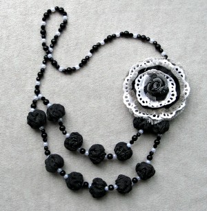 Flower bead necklace Black White broach textile rose Lace denim jeans Boho beaded necklace