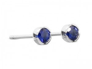 14k white gold modern studs with 3mm round Chatham sapphire