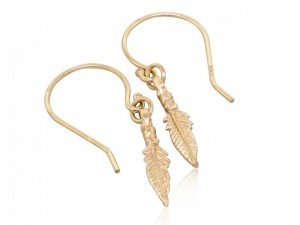 Solid gold feather dangle earrings, small feather chic boho earrings