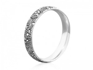 Sterling silver stacking ring with scroll foliage texture