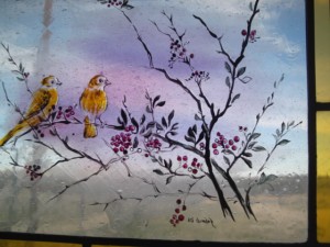 Yellow Birds painted stained glass window hanging