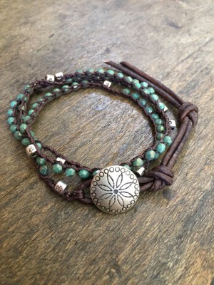 Indian Summer Crochet Bracelet, Turquoise Knotted Leather Wrap Concho Bracelet, Festival Jewelry, Boho Jewelry