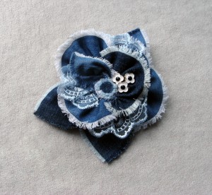 Blue boho jeans flower large brooch