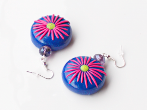 Dangling earrings with plates handmade in polymer paste and fimo with flowers