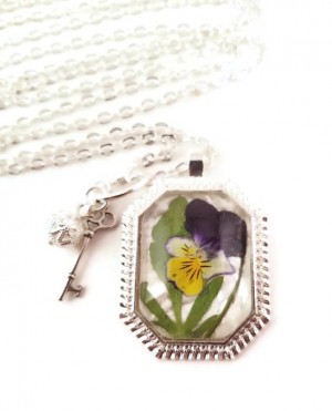 Pressed Johnny Jump Up Long Silver Flower Necklace