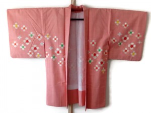 Vintage Peach Wool Haori Japanese Kimono Jacket with Ikat Floral Motif, Asian Jacket Boho Kimono Cardigan