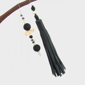 Bold statement earrings with leather tassel, pearl and gemstones